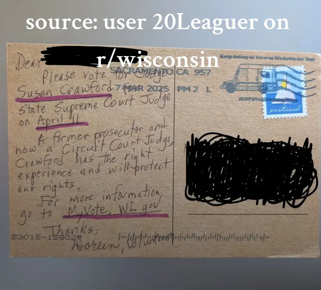 Elon Musk's disinformation campaign is sending these postcards to Wisconsin voters.  postmarked from California, they appear to be in support of Susan Crawford but have the incorrect date for the election listed.  Please be informed!  Call your county Democratic office for election info.  #susancrawford #wisconsin #election #fyp @Aaron Parnas @TizzyEnt @npr 