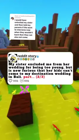 Replying to @heathermatthews12 My sister excluded me from her wedding for being too young, but is now furious that her kids can't come to my destination wedding in Bali. part.. (2/3) #storytelling #storywa #redditstorytime #usa_tiktok #redditstories #reddit_tiktokscalingstories #Relationship #reddit #usa_  #redditreadings #storytime
