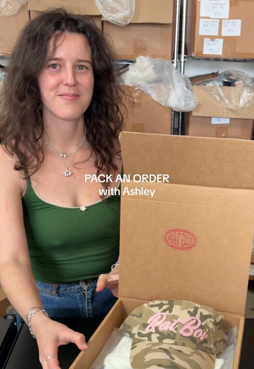 Meet Ashley💌 Every Rat Boi order gets packed + shipped by her! Check out what her favorite order was from today📦 #sustainablefashion #SmallBusiness #packanorder 