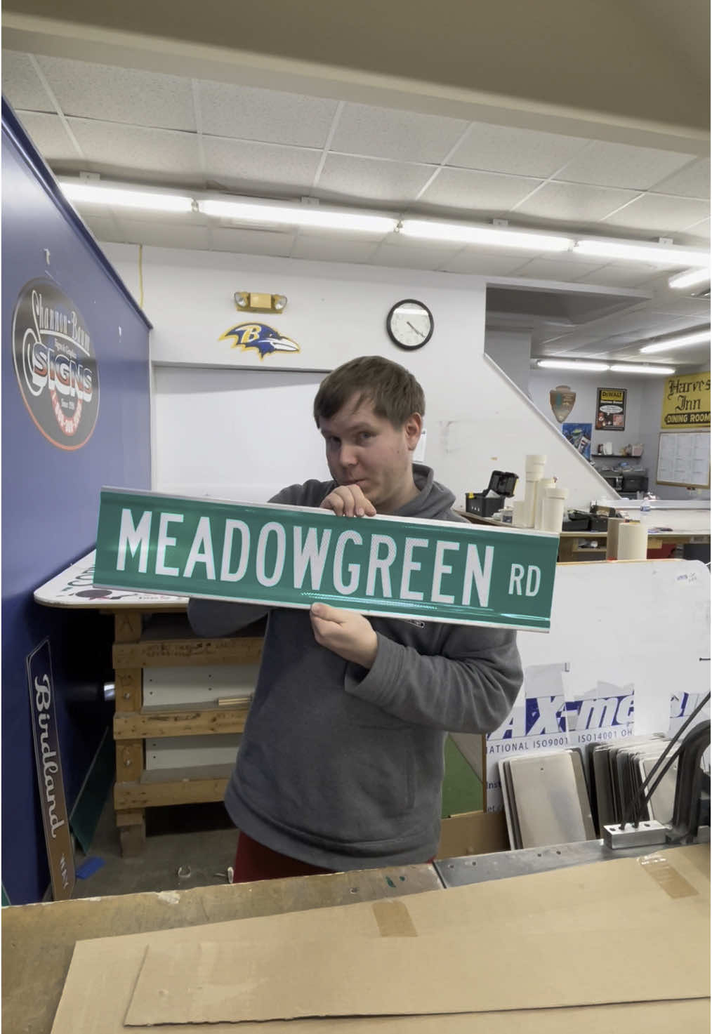 We are busy making tons of street signs on this gloomy Thursday! 🌧️💚 #signs #signshop #signshoplife #streetsigns #meadow #sykesvillemaryland #fyp 