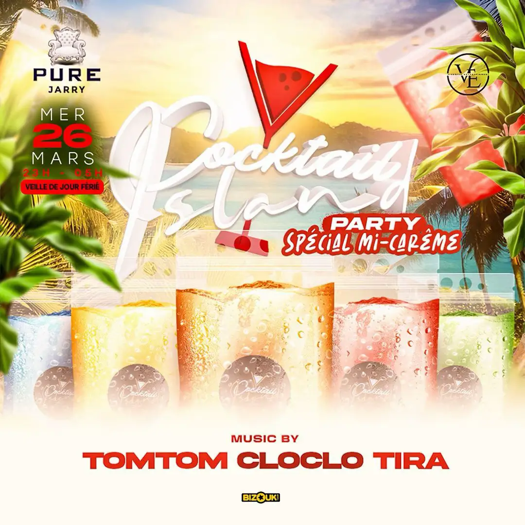 🌴🍹 COCKTAIL ISLAND - SPÉCIAL MI-CARÊME 🍹🌴 Rendez-vous mercredi 26 mars au PURE Jarry pour une soirée exotique et rafraîchissante ! 🌊🔥 🎶 Aux platines : TOMTOM, CLOCLO & TIRA pour vous ambiancer jusqu’au bout de la nuit ! 🕺💃 🍸 Un cocktail offert avec votre entrée 🎟️ 📍 23H - 05H | Veille de jour férié 🎟️ Entrées en vente dès maintenant ! Ne tardez pas 🚀 Lien 🔗 https://my.bizouk.com/cocktail-island-party-2 #CocktailIsland #MiCarême #PureJarry #SoiréeAntilles #GoodVibes