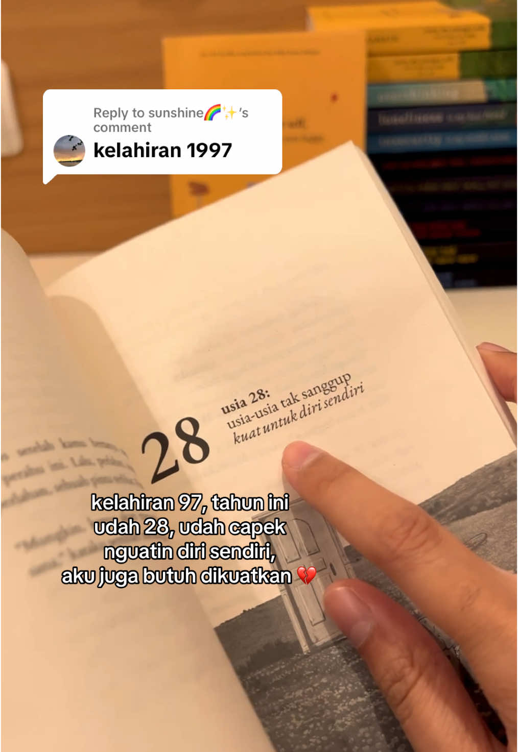 Replying to @sunshine🌈✨ Usia 28 adalah masa-masa udah tidak mampu lagi menguatkan diri sendiri — kamu juga butuh dikuatkan. Usia 28 tahun adalah masa-masa tidak sanggup lagi bergantung pada diri sendiri. Usia 28 tahun adalah masa-masa capek dengan segala jenis drama pertemanan dan percintaan, you just want to be calm.