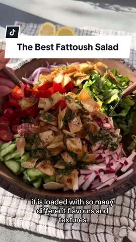 Fattoush Salad is one of my most favorite salads in the world. It takes a lot of chopping but it’s absolutely worth it and so therapeutic!  Ingredients:  1 whole head of Romaine Lettuce  8 oz cherry tomatoes  1/2 red onion  3 Persian cucumbers  6-7 radishes  Pita chips  1 large pita bread  2 tbs olive oil  1/2 tsp salt  1/2 tsp Za’atar Dressing:  1/3 cup @sadaf_foods extra virgin olive oil  2 tbs @sadaf_foods pomegranate molasses  1 lemon  1 tsp salt 2 tsp @sadaf_foods sumac  2 garlic cloves 1 tbs parsley, chopped  1 tbs mint, chopped  Method:  1. Chop romaine lettuce, red onion, halve cherry tomatoes, dice cucumbers and radishes; throw everything into a large salad bowl;  2. Slice pita and toast on a pan with olive oil and salt until crunchy; finish with Za’atar;  3. To make the dressing- whisk all ingredients together;  4. Top salad with the pita chips, pour dressing over; mix well and enjoy! 😋 #fattoush #fattoushsalad #saladlover #saladsofinstagram #saladrecipes #recipeshare
