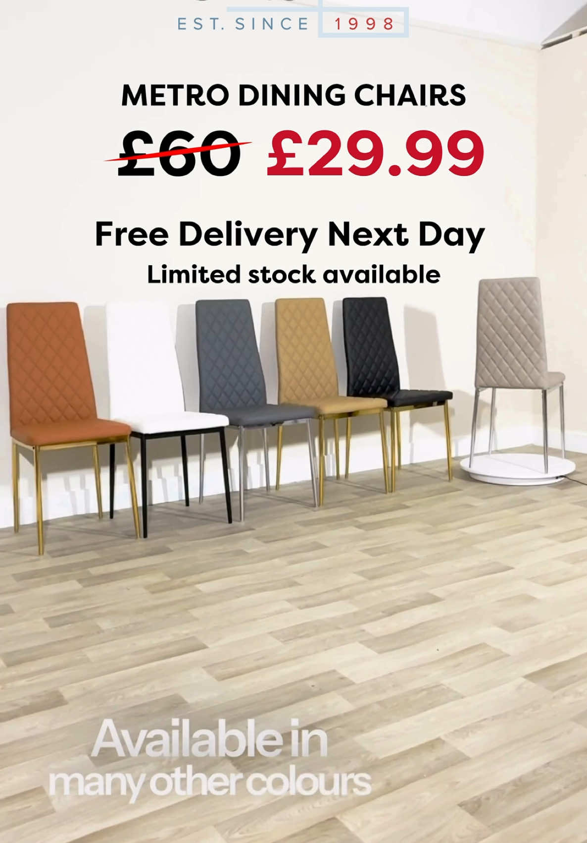 Unbeatable deal on our Metro Dining Chair! 🪑 Now just £29.99 (was £60) – don’t miss out! Limited stock, next day delivery available. 🏃‍♂️💨 Click the link below and get yours now!  #clearancesale #leicester #chair #bargain #discountshopping #cfshome 
