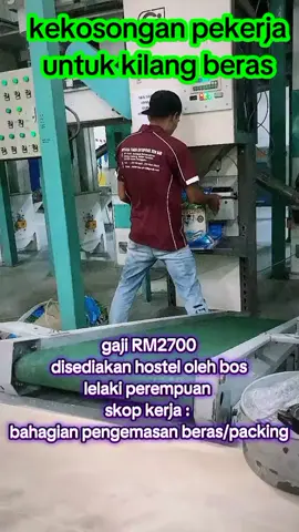 KEKOSONGAN PEKERJA  UNTUK KILANG BERAS gaji RM2700 disediakan hostel oleh bos lelaki perempuan  skop kerja :  bahagian pengemasan/packing #kilang #beras #packing #jawatankosongterkini #jawatankosongmalaysia #fypmalaysia #foryoupage #fyp 