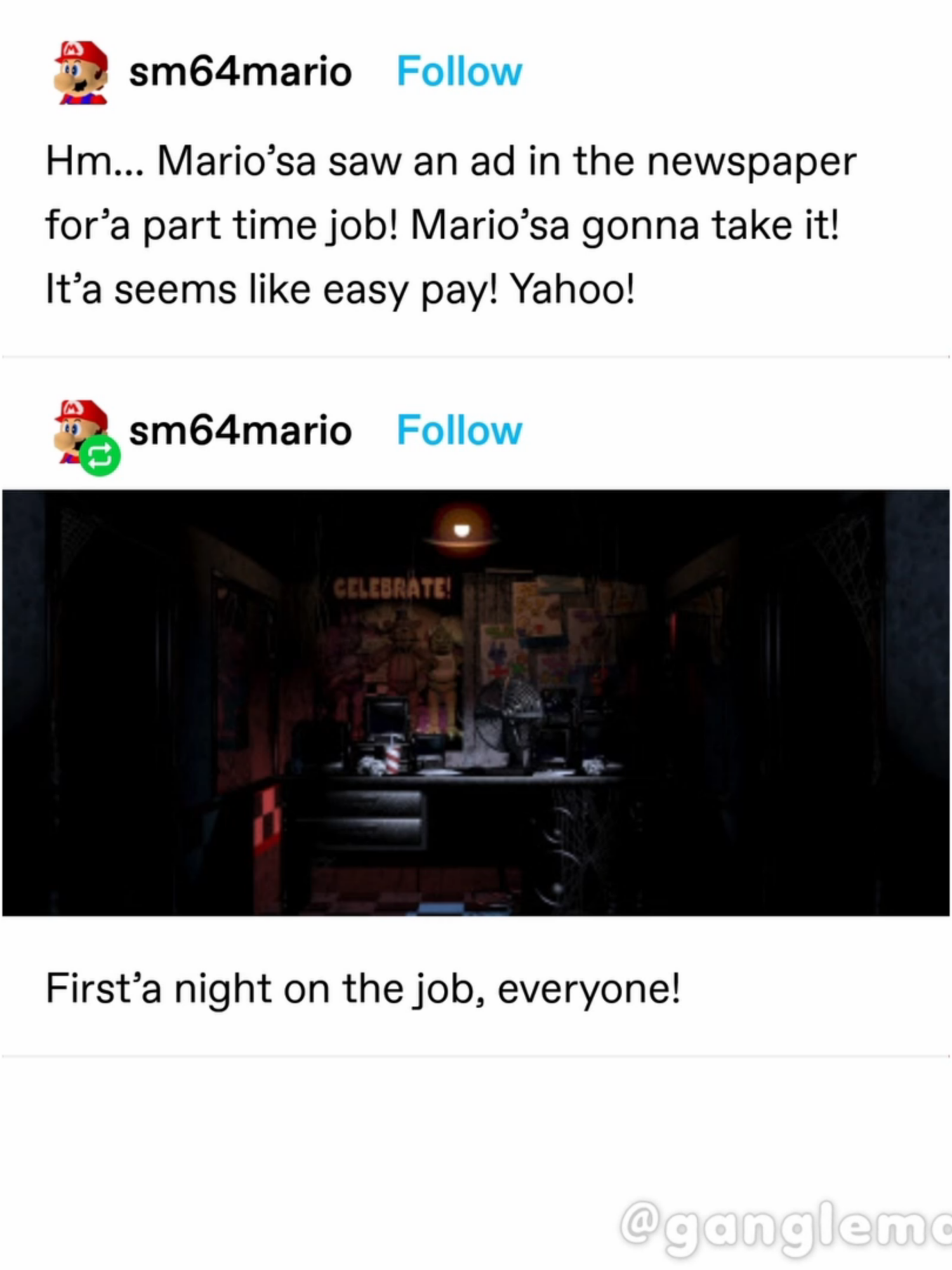 mario'sa saw an ad in the newspaper for'a part time job ----- #voice #voiceover #voiceactor #voiceacting #meme #memes #voicepost #voiceposting #mario #supermario #fnaf #marioinfnaf #fivenightsatfreddys