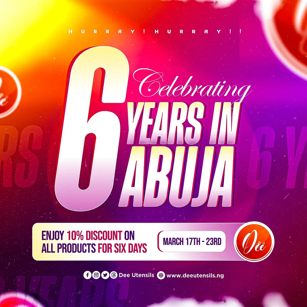 HAPPY 6th ANNIVERSARY TO DEE Utensils  IN ABUJA NIGERIA 🇳🇬  Wow! Six incredible years of Dee Utensils in Abuja! This journey has been nothing short of amazing, and it’s all thanks to YOU—our valued customers, supporters, and well-wishers. From a simple passion for elegant and functional kitchenware to becoming a household name in Abuja and beyond, this journey has been filled with growth, learning, and countless memorable moments. To our loyal customers, your trust and unwavering support have been the backbone of our success. Every purchase, referral, review, and kind word has fueled our passion to serve you better. To our dedicated team, thank you for your commitment and hard work. Your efforts have played a vital role in shaping Dee Utensils into what it is today. To our friends, family, and partners who have stood by us through every challenge and milestone, we deeply appreciate you. As we celebrate our 6th anniversary, we reaffirm our commitment to bringing you the finest kitchenware that blends style and functionality. The best is yet to come! Thank you for being part of our story. Here’s to many more years of excellence together! Think Kitchen, think Dee utensils  @dee_utensils_official_ @deescentglobal @deeutensilng #deeutensils #KitchenGoals #premiumquality #warmerset #reelschallengereelschallenge #reelsvideoシ #Abuja #reels With gratitude, Lola Andy CEO, Dee Utensils official
