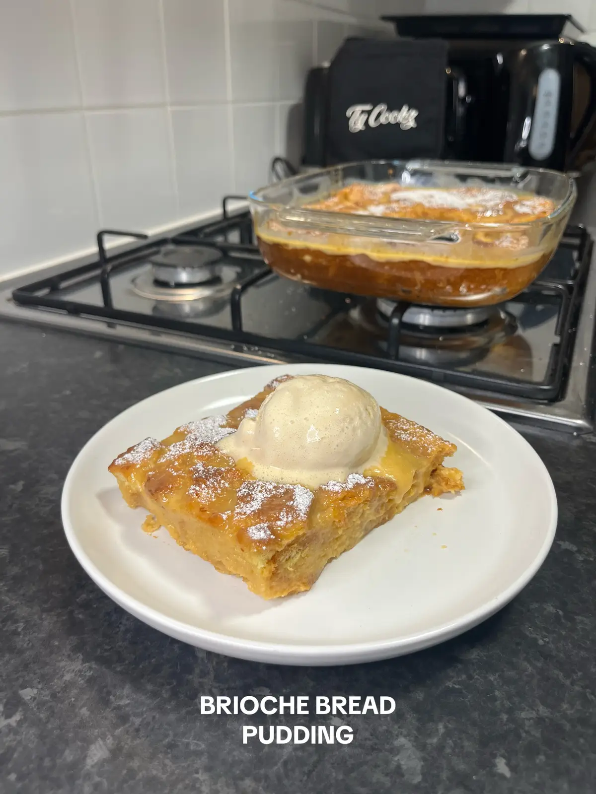 Brioche Bread Pudding Recipe To Make For Dessert When The Sweet Tooth Is Kicking In Ingredients - Brioche Bread Loaf 1/2 Can Caramel  1 Can Evaporated Milk 1 Cup Milk 3 Eggs 1/3 Cup Sugar Ice Cream Icing Sugar Preparation Steps - 1. In a mixing bowl add 1 can evaporated milk, 1 cup milk, 1/2 can caramel, 1/3 cup sugar and 3 eggs and mix until combined 2. Pour mixture into a saucepan and simmer on medium heat for 5-10 mins until hot.  3. Cut brioche bread into cubes.  4. Apply butter onto and oven dish and pour in your brioche bread cubes 5. Pour wet mixture into dish until brioche is covered. Save some of the mixture to use after you’ve finished baking for a glaze  6. Bake in oven for 30-45 mins at 180.c  7. Once taken out of oven pour the rest of mixture on top to form a glaze then leave to cool 8. Once cool sprinkle icing sugar 9. Plate up and serve with a scoop of ice cream #brioche #briochebread #pudding #dessert #desserts #sweet #sweettooth #icecream #fyp #foryoupagе #foruyou #tycookz 