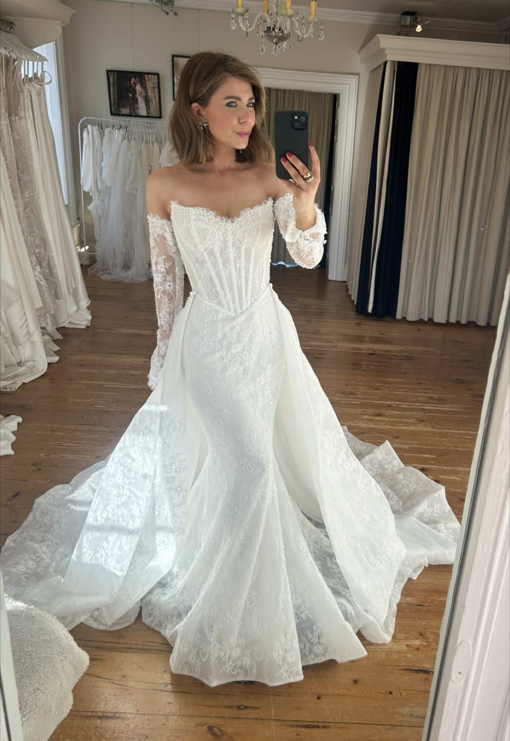 The moment you try on a new dress and fall in love 🤍 Phoebe from @Blanche Bridal with detachable over skirt x #blanchebridal #weddingdress #bride #bridetobe 