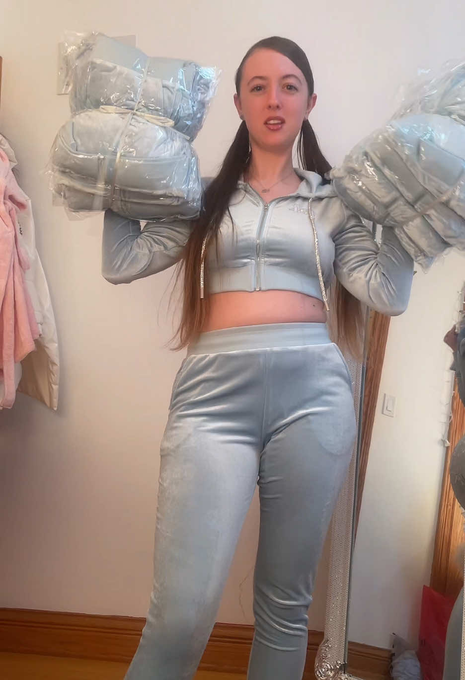 Icy pack in ❄️ available until March 31st❕ Limited Availability: 5-10 of each size #fypシ #velourtracksuit #icygirl #early2000s #trending 