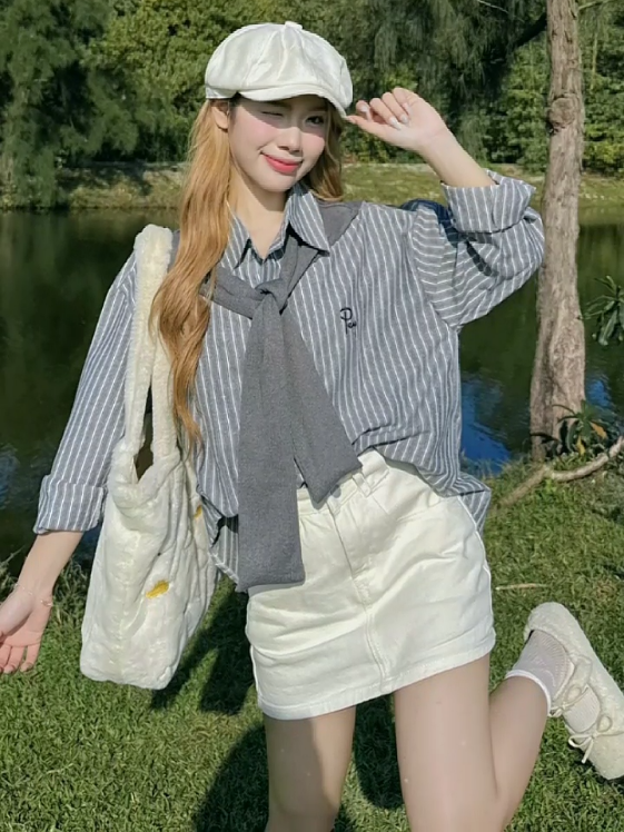 (Kèm khoác choàng thuỷ thủ) Áo sơ mi basic PEY kẻ sọc thêu chữ HAVANA #aosomibasicpeykesoctheuchukemkhoacchoangthuythu #xuhuong #phoidovoisomi #thoitrangnu #ypf 