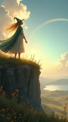 Rainbow Witch 🧙🏼🌈 A witch stands on a cliff's edge, her hat glowing under the sunlight as a double rainbow arches over a serene lake. Wildflowers bloom around her in this magical live wallpaper capturing nature's beauty. #NatureMagic #RainbowMagic #cliffside #sunsetmagic #WitchyVibes