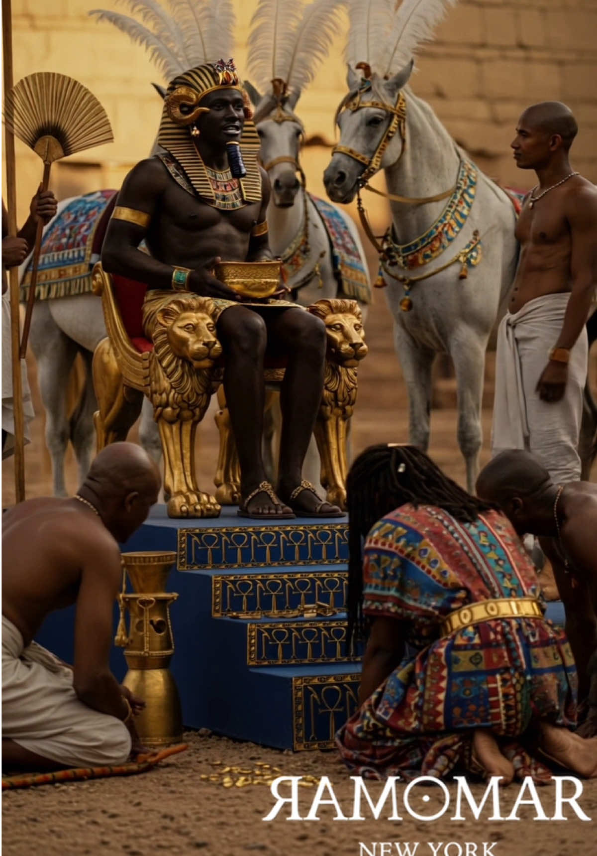 A group northern chieftains offers a gold ‘Neb’ bowl filled with gold nuggets to the great Nubian pharaoh Taharqa who ruled Egypt and Kush and pledged their loyalty.  Alliances are often formed by offerings of gold, the most precious metal in the ancient world as it was believed to be the flesh of the sun god ‘Ra’. Modern science  has confirmed today that gold was indeed formed in the heart of a star.  Then released when the sun explodes and goes Supanova, thus spreading all the gold particles throughout the universe. So the ancients were right, gold is indeed the flesh of the sun. Rise of Neo-Pagans #ramomar #Taharqa #nubia  #gold #pharaoh #egyptian  #Kemet #ai 