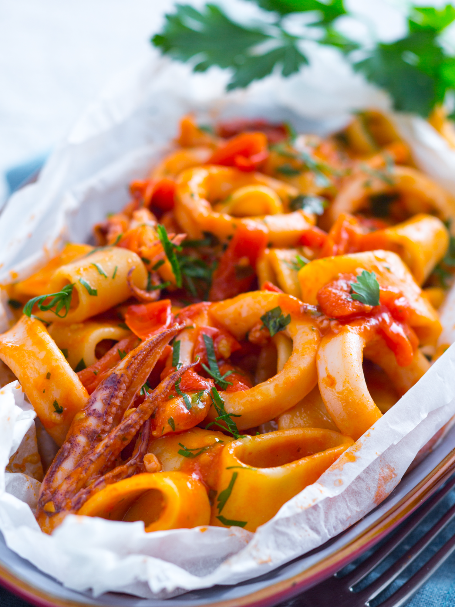 Bring the flavors of the sea to your table with this bold and beautiful Calamarata with squid and cherry tomatoes!🍝🦑🌶️ A Southern Italian classic full of color and kick😋😍 @sebastian_fitarau Ingredients: 14 oz Calamarata pasta  1.3 lb fresh squid, to clean  1 garlic clove 1 fresh chili pepper 1 handful fresh parsley 2 ⅔ cups cherry tomatoes  ¼ cup dry white wine  1 ½ tablespoons tomato paste Salt, to taste  Black pepper, to taste  Extra virgin olive oil, to taste  #giallolovesitaly #calamari #FoodTok