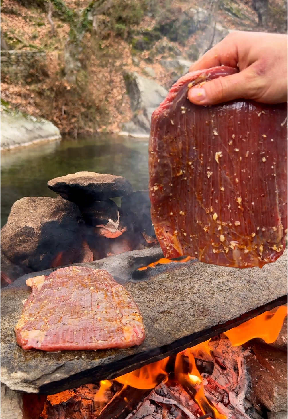 MARINATED FLANK STEAK BY THE RIVER | Lean but packed with flavour! Transform a lean piece of meat into a juicy and delicious steak with a simple marinade! Served with grilled carrot stripes, spring onions and cherry tomatoes.  #outdoorcooking #steak #asmr