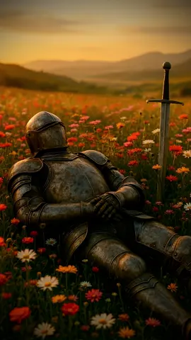 A knight at peace, resting amid a field of wildflowers. 🌼🗡️ #Serenity #MedievalFantasy #PeacefulRest #lightfantasy #knight #fyp 