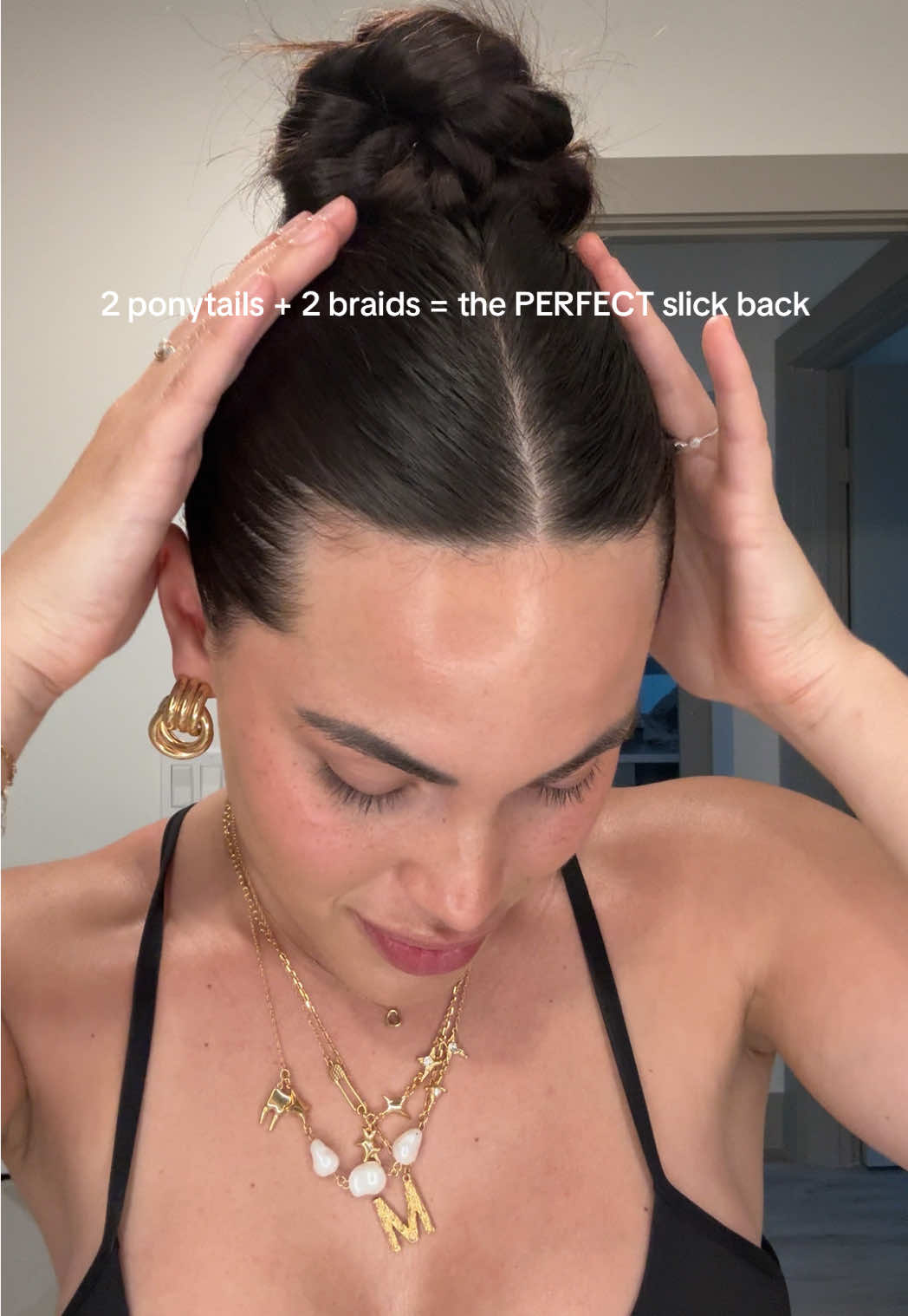 one of my favorite slick back hacks!! Jewelry from @En Route Jewelry Store !!!! @Virtue Labs @Bed Head by TIGI #slickback #slickbackbun #slickbacktutorial #slickbackponytail #hairhack #hairideas #hairinspo 