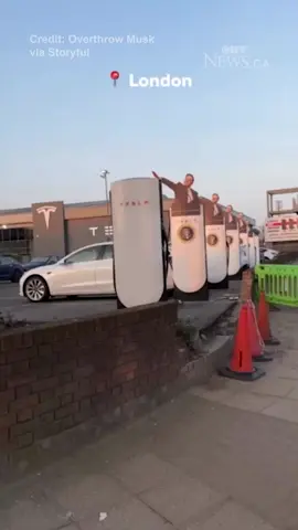 Musk salute cutouts placed on Tesla chargers in London Activists placed cutouts of Elon Musk doing the now infamous salute next to chargers at a Tesla store in London, footage posted on March 27 shows. #cp24 #toronto #news