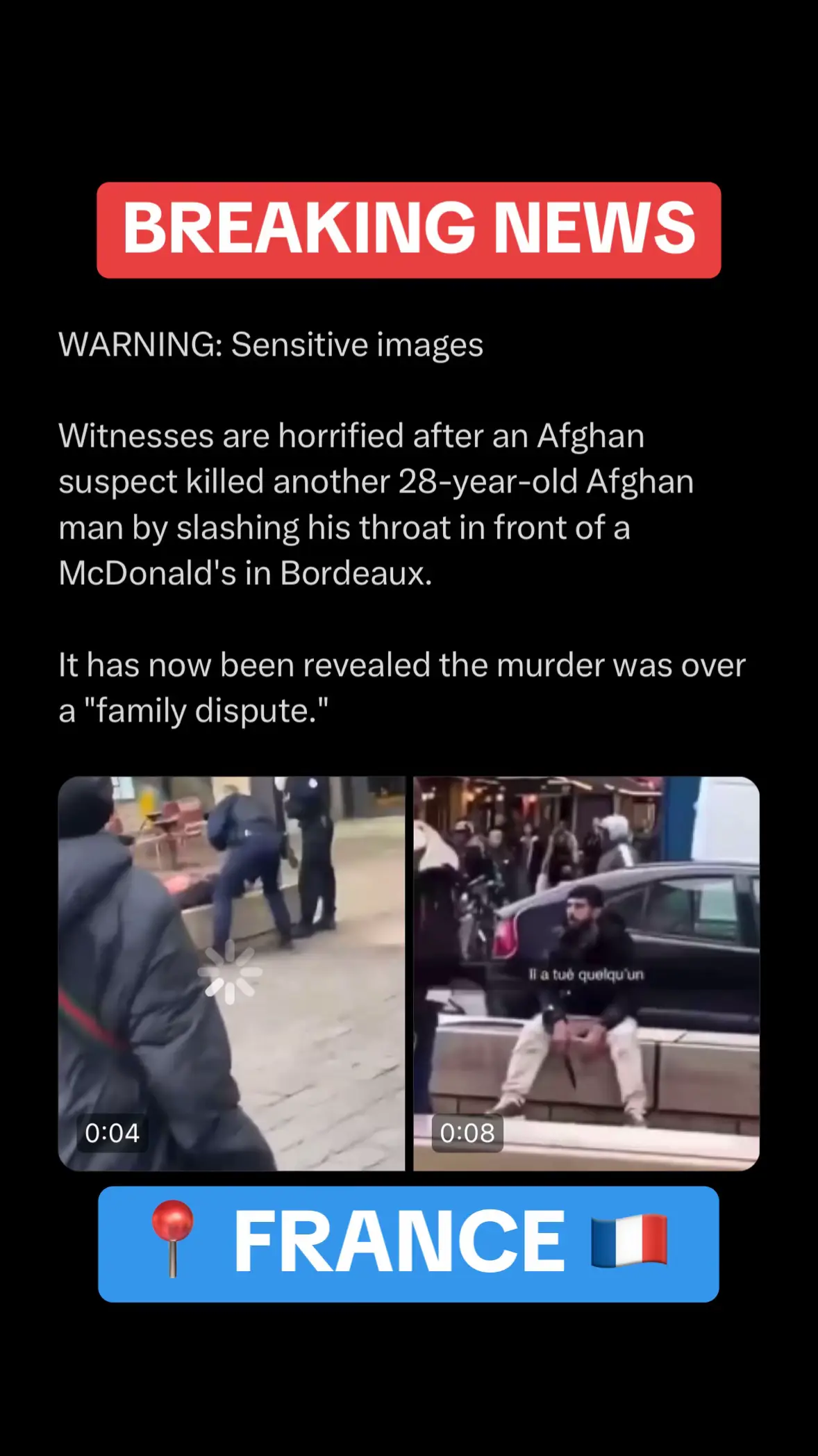 A tragic incident in Bordeaux, France: A 28-year-old Afghan man lost his life after a brutal attack outside McDonald’s. The suspect, also Afghan, slashed his throat in what authorities confirm was a family dispute. This incident has sparked discussions on public safety and crime prevention in France. What do you think should be done to prevent such violence in public places? #BreakingNews #Bordeaux #France #CrimeNews #PublicSafety #McDonalds #Shocking #GlobalNews #CurrentEvents #SafetyMatters #fyf #fy #foryoupage #tiktoknews #tiktokuknews #photonews 