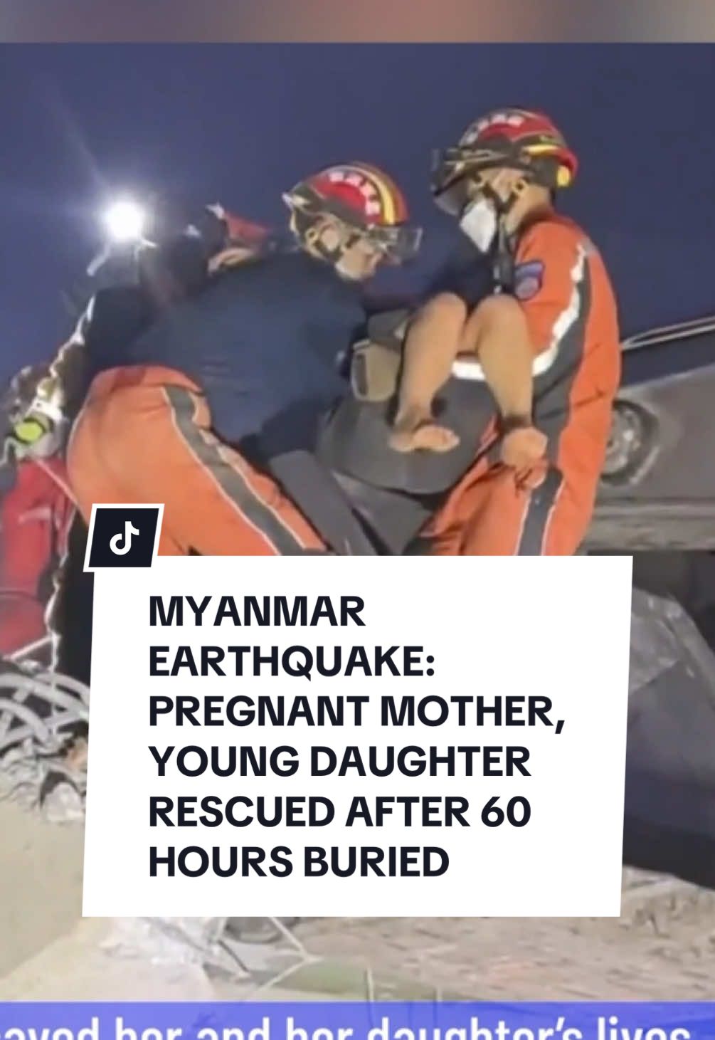 A search and rescue team digging through the remains of a collapsed apartment building in Myanmar has made a miracle discovery, finding a pregnant mother and her five-year-old daughter alive. The pair were dug out after more than 60 hours under the rubble, when rescuers heard the mother inside a tiny cavity that saved her and her daughter's lives. The death toll from the earthquake is now more than 2,000. Click the link in the bio for more.