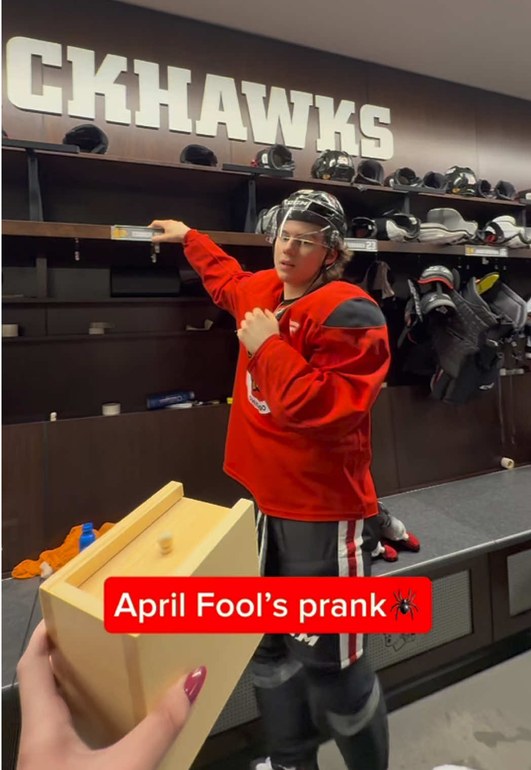 “I don’t scare.” -Artyom Levshunov #AprilFools #blackhawks #spiderboxprank #spider #connorbedard #artyomlevshunov #NHL #chicagoblackhawks 