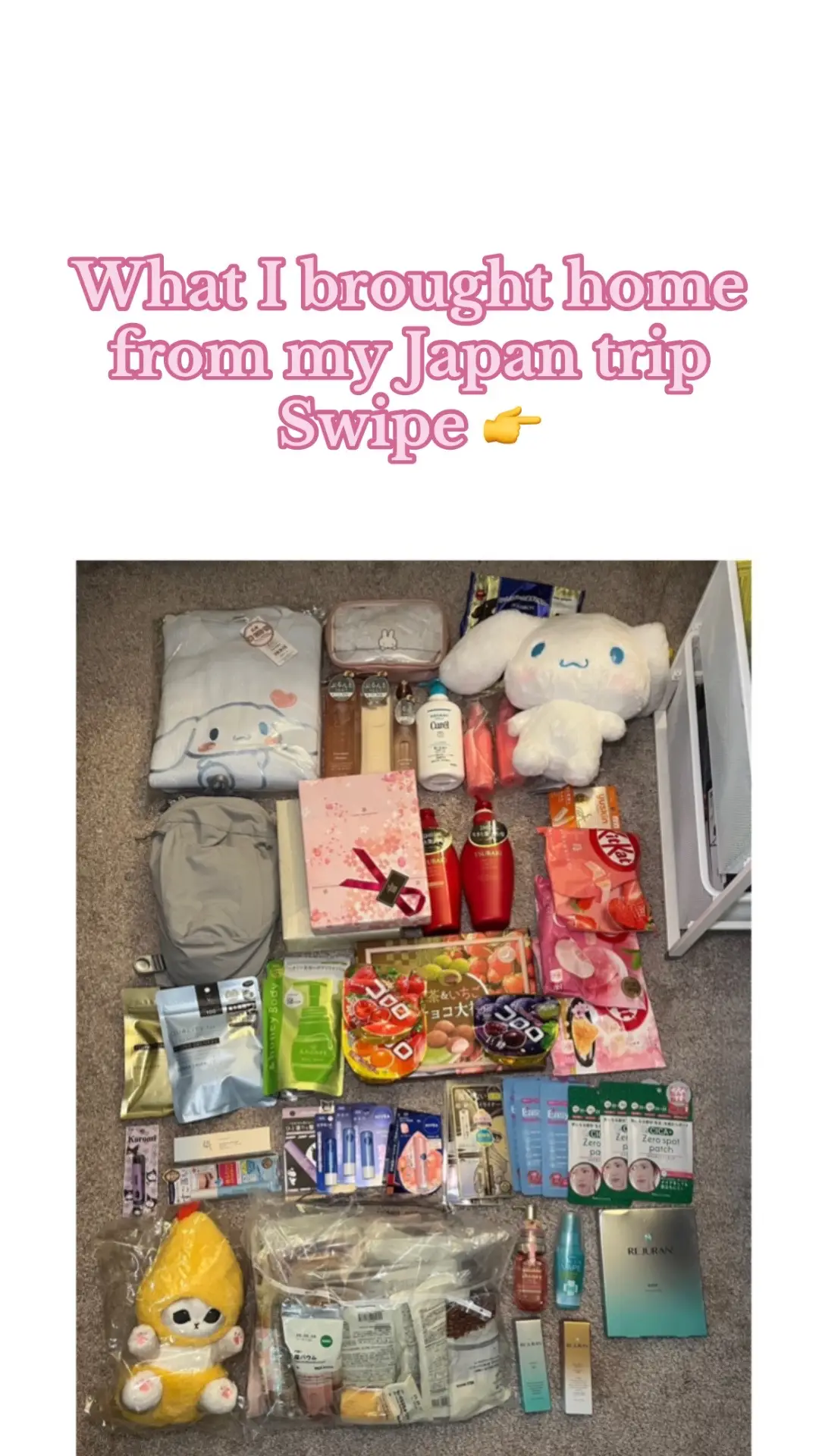 Back from Japan!! Vlogs coming soon. Kinda sad cuz I went to my favorite mall but the fashion this year/season wasn’t slapping like last year. So I had more budget for other things like souvenirs ¯\_(ツ)_/¯ . #japan #japantravel #japantrip #japansouvenirs #uniqlo #uniqlohaul #uniqloコーデ #UT #sanrio #cinnamoroll #cinnamorollsanrio #mofusand #tsubaki #tsubakishampoo #andhoney #andhoneyshampoo #andhoneyhairoil #fino #finohairmask #rejuran #rejurancosmetics #smiski #smiskifigures #nivea #nivealipbalm #muji #mujijapan #curel 