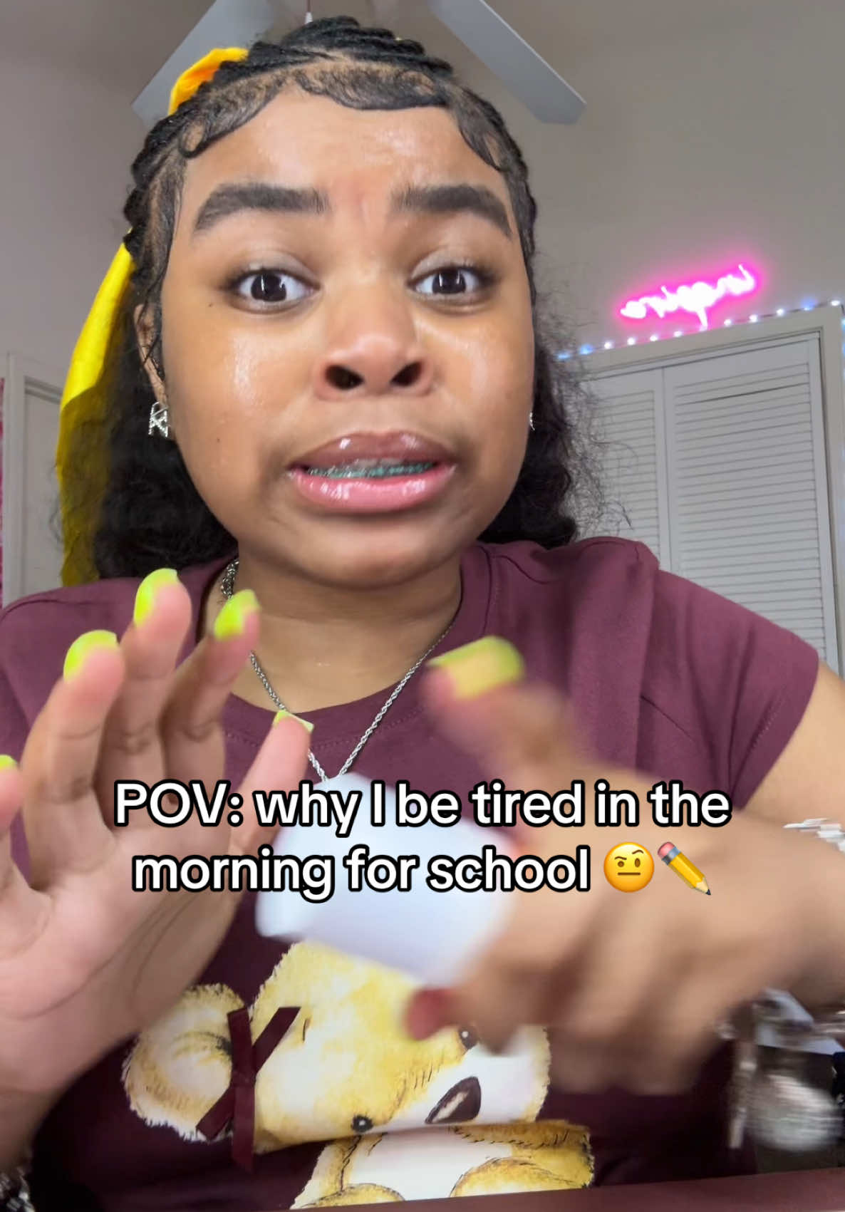 POV: why I be tired in the morning for school🤨✏️ #grwm #naturalmakeup #glowingskin #glassskin #nomakeup #lipcare #fyp #routine #bubble #glowrecipe #skincare #skincareroutine #tips #contentcreator #influencer #money #school #schoollife #thatgirl #diary 