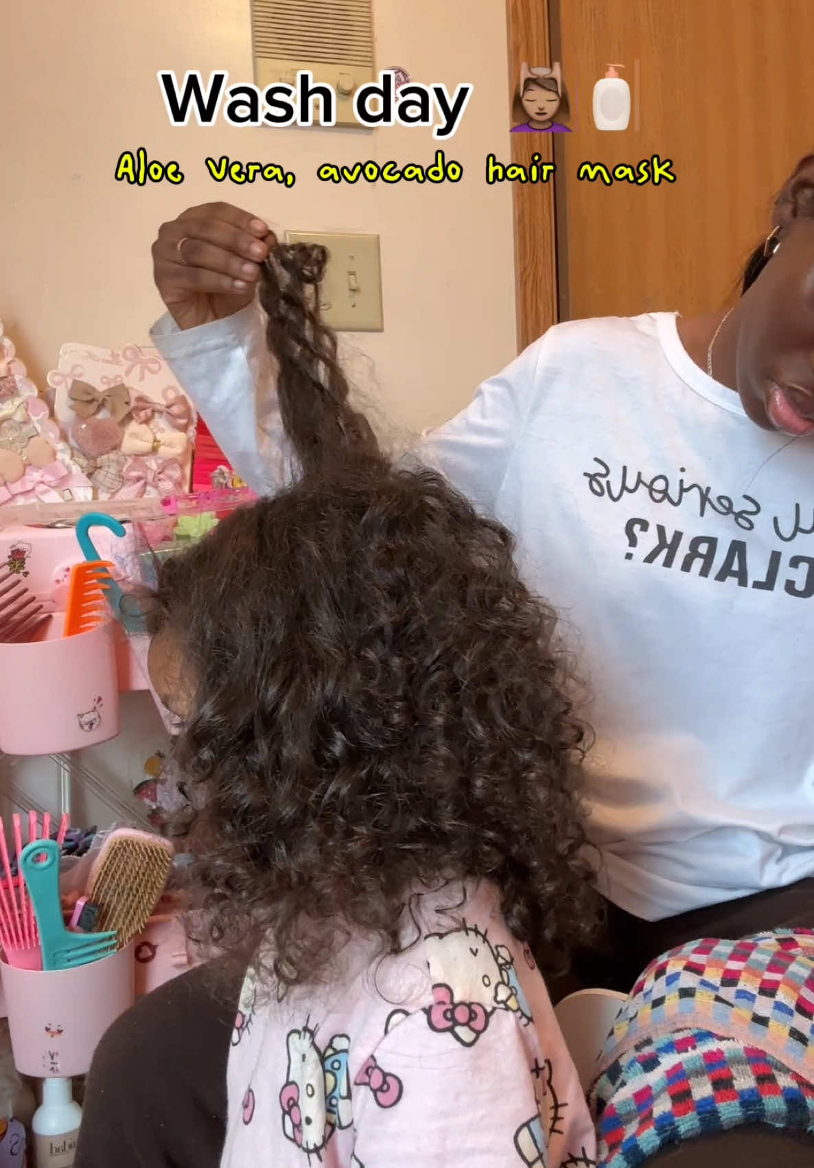 Curly hair wash day for my daughter with avocado and aloe Vera hair mask @PATTERN Beauty @Rizos Curls @Ouidad @Bumble and bumble. #fypシ #curly #hair 