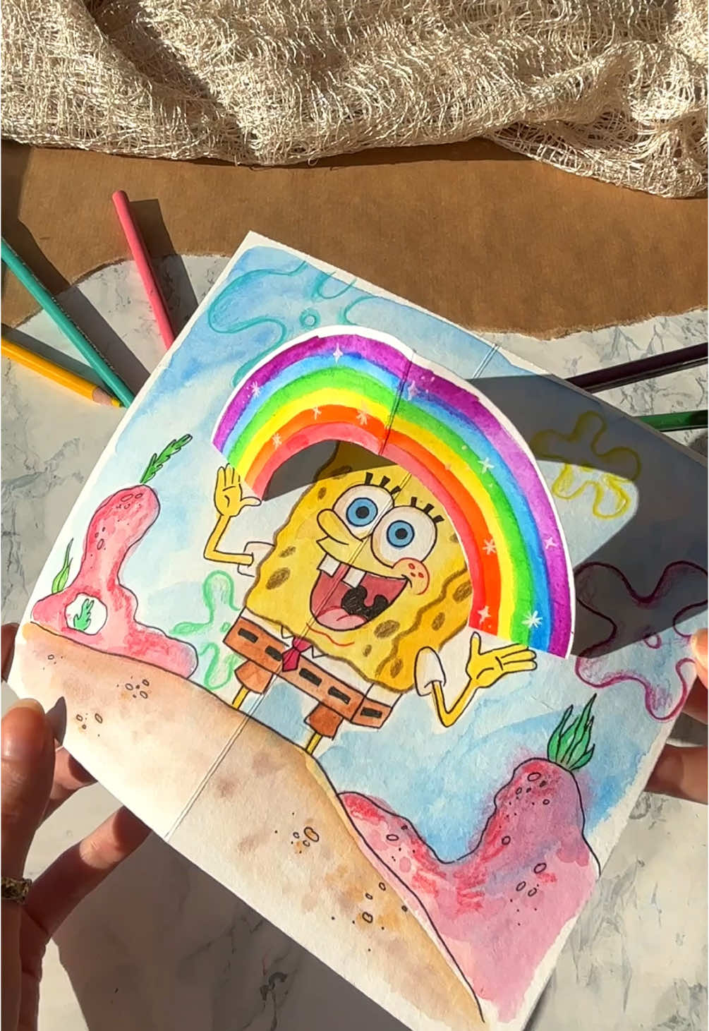 Who lives in a pineapple under the sea?✨🧽🍍  The cutest pop-up card inspired by Sponge Bob!! #DIY #popup #card #artsandcrafts #gift #giftideas #cardmaking #spongebob 