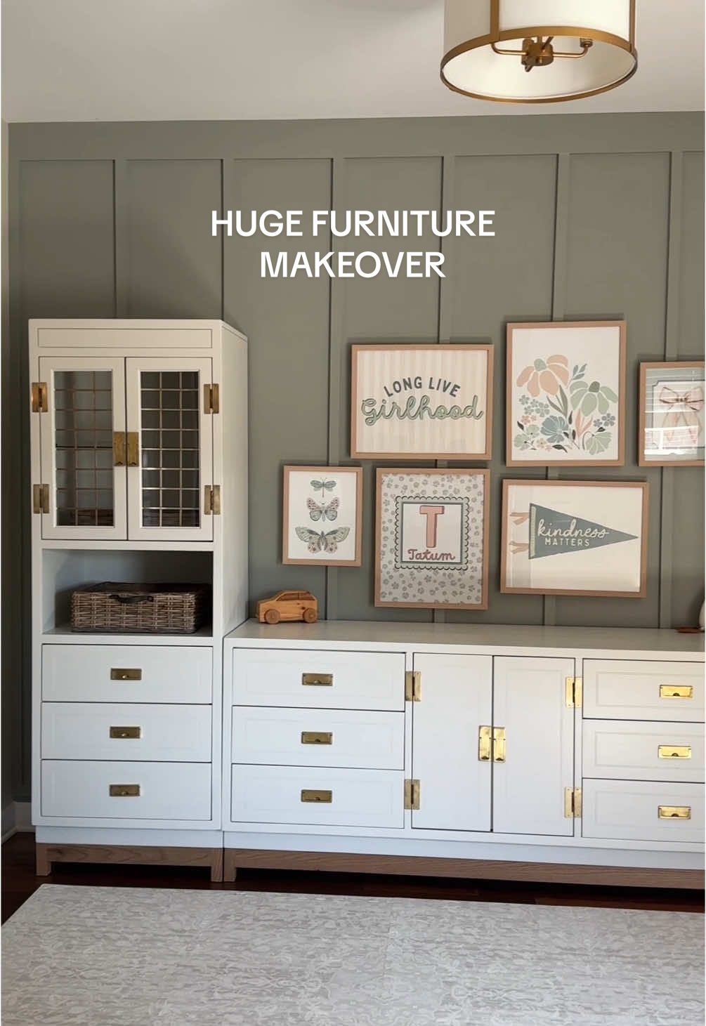 Can you believe this is the same furniture?!  This paint job was terrible (& painted by me 5 years ago) 😅 Thank goodness we can always start over again and get a redo! So happy I persevered and got through this huge furniture makeover! Now we have so much storage! It was so hard to decide on the paint color for this furniture because it was given to me by my grandparents and I want to keep it forever. So I went with light creamy paint color so it can be moved place to place and always fit in. HOW I DID IT 👇 • Klean Strip Premium ALL OVER to remove the old paint •Wipe with mineral spirits •Sand with 220 grit using Craftsman Orbital Sander • My friend Jessica taught me how to build a new base/legs! •Base: 1x3 red oak for the horizontal pieces & 2x2 red oak for the legs/vertical pieces  •Stain: watered down Fusion Mineral Paint Woodwick (80% water to 20% paint). Sealed with Varathane Satin Polyurethane •Primer: Wise Owl stain blocking primer using Homeright Super Finish Max •Sanded primer with Rad Pad Very Fine sanding sponge •Painted with Wise Owl Enamel Paint (90% Kashmir + 10% Gray Linen) #furnituremakeover #furnitureflip #diyproject #playroom #playroominspo #homeimprovement #paintedfurniture #vintagefurniture #sanding #woodfurniture