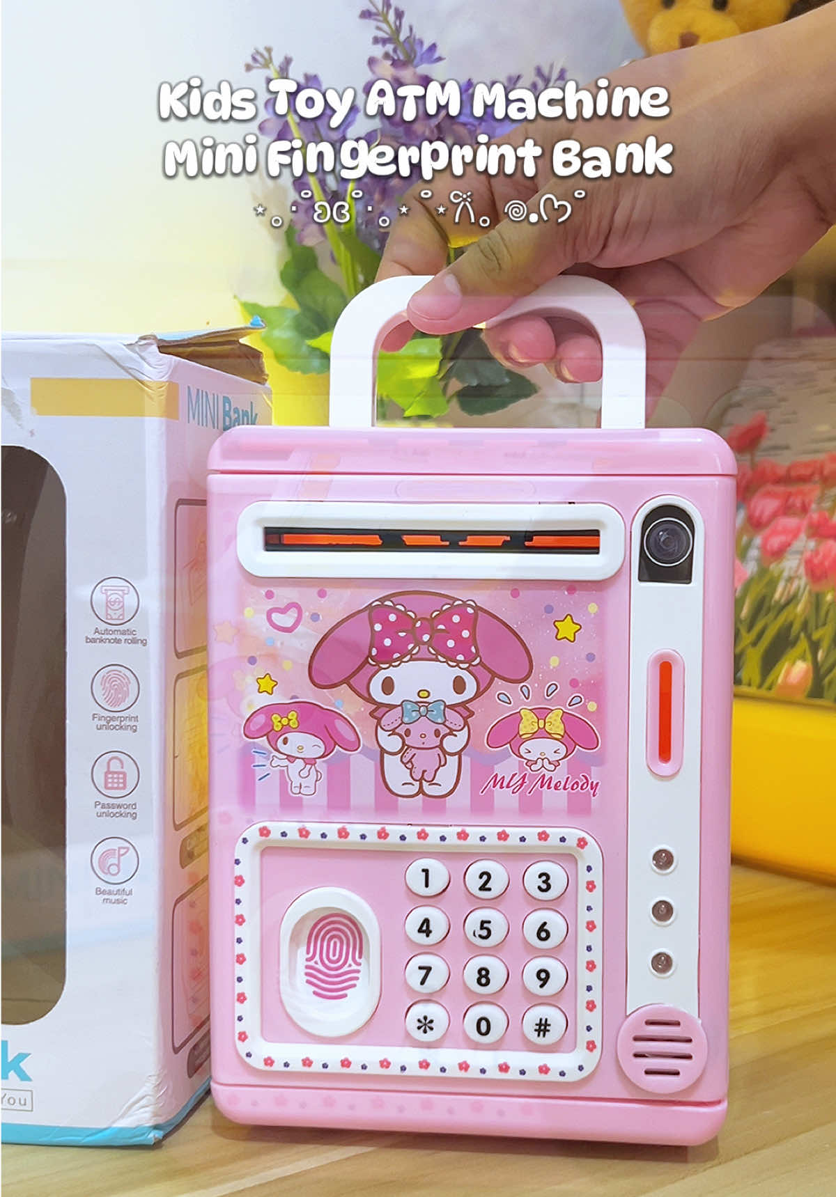 so cute interactive toy saving machine for kids! ♥︎ #atmbankmachine #minibank #fingerprintbank #mymelody #mymelodytoys #sanriocoinbank #coinbankforkids #kidstoys #moneybank #giftideas #toysforkids #toysforkidsgift 