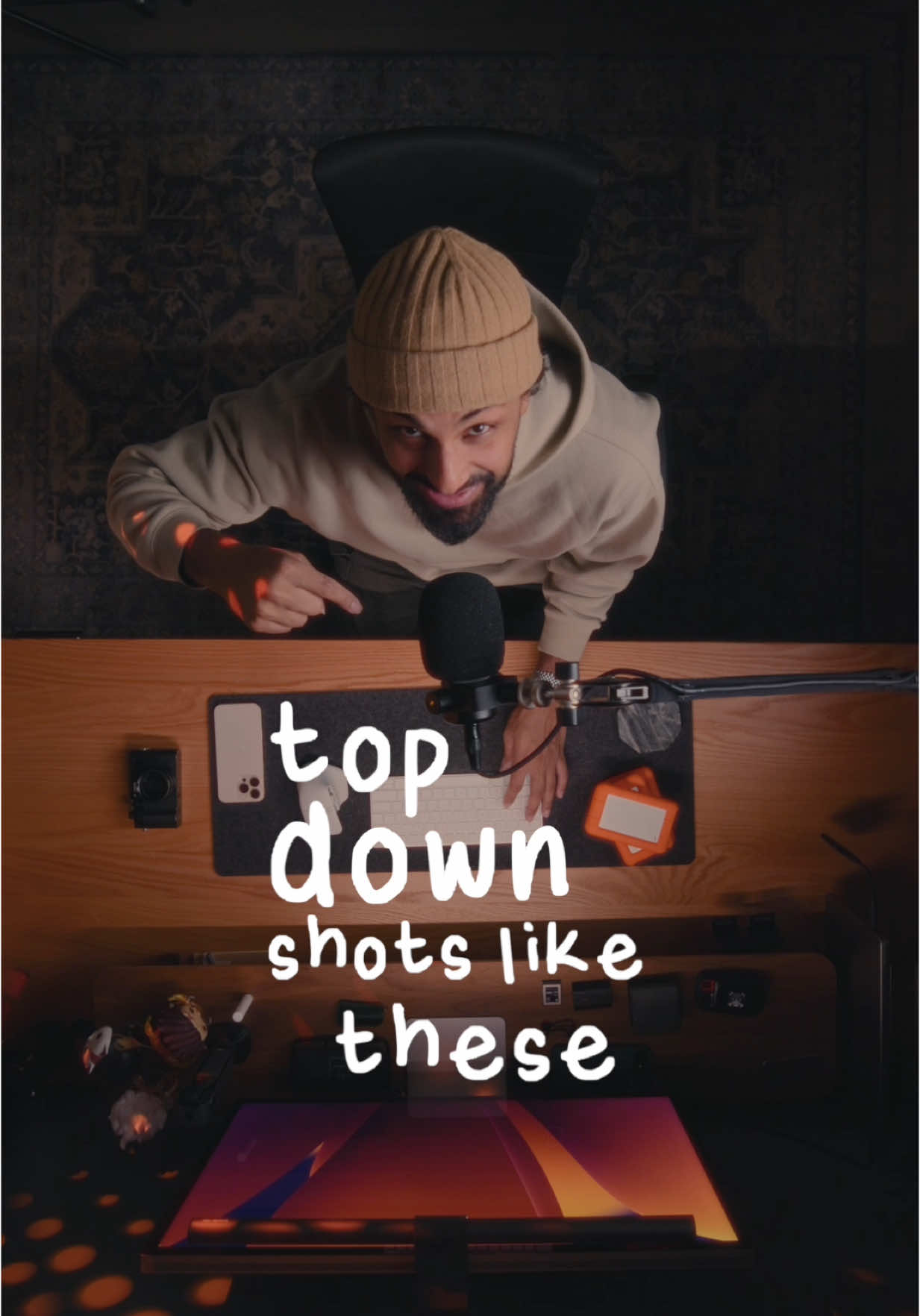 How To Get Top Down Shots WITHOUT a C-Stand👇🏽 Overhead shots are one of the best way to get your audiences attention. But they can be slightly challenging if you don’t have a C-Stand, and let’s face it those can get expensive. So here are 3 alternatives for varying budget. Personally, taping my phone to the roof is my favourite! Which one of these would you try?  Keep Creating ♥️ #filmmaking #cinematography #bts #camera #tutorial 