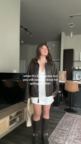 the jacket and boot keeps me warm haha  jacket @target  dress @PEPPERMAYO  boots @ZARA  #springdress #OOTD #fitcheck #springstyle #motoboots #lacedress 