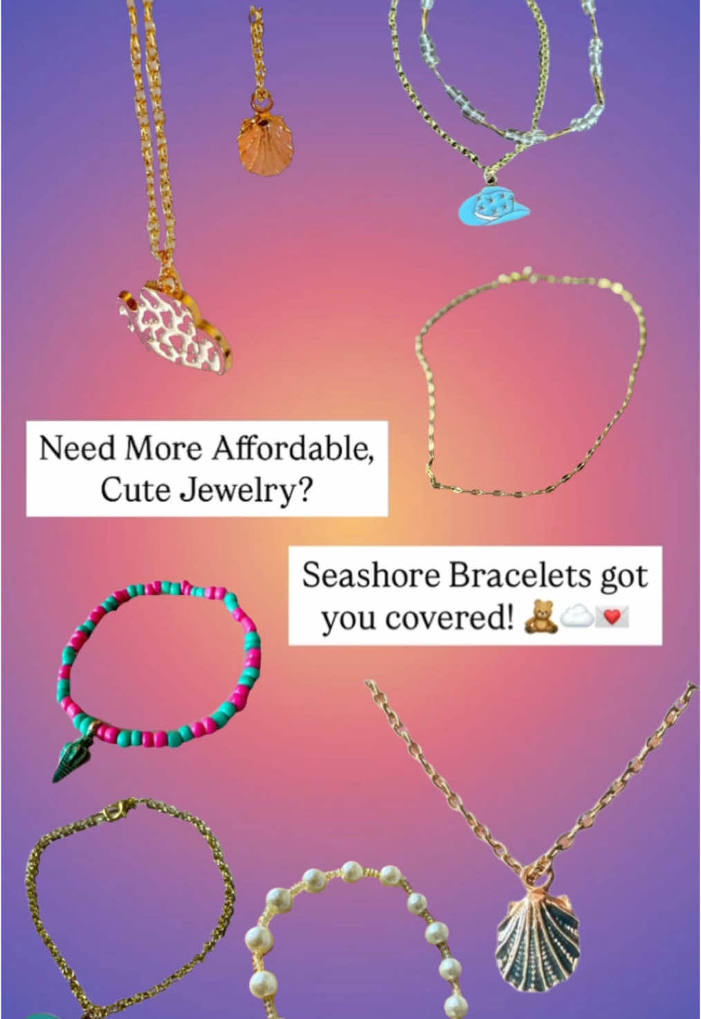 All these pieces price ranges from $8-$16!! No need to spend $60 on a necklace anymore! 😍😍 ALSOO check out their instagram! Its where you can dm to buy and check out pictures of their beautiful pieces! @SeaShoreBoutique☀️🌊🎀  #fyp #xyzbca #brands #aesthetic #perfect #fypシ゚viral #teamwork #ifb #seashoreboutique #seashore #jewelry #affordable #affordablejewelry #buynow #CapCut 