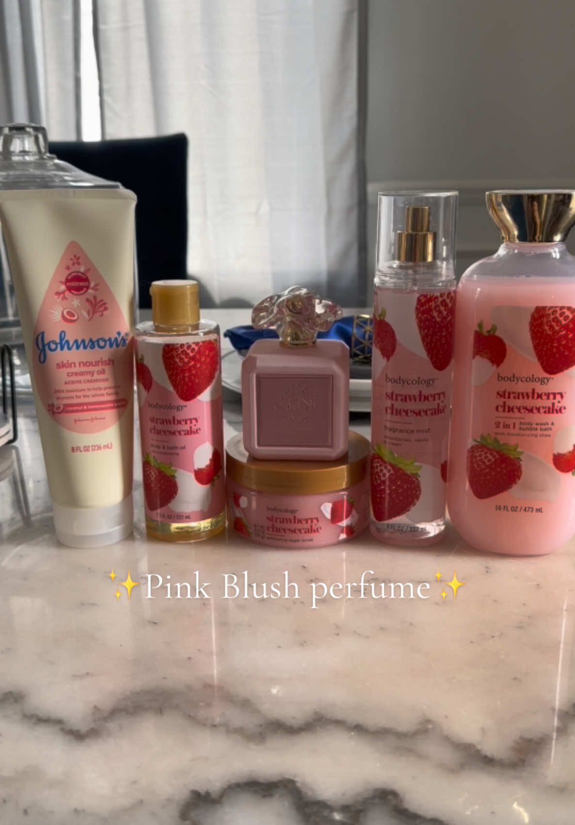 ✨SOTD Pink blush 💕 smell so good I paired it with bodycology strawberry cheesecake and Johnson’s coconut and honeysuckle ✨ #pinkblush #perfumetiktok #bodycology #fyp #SOTD 