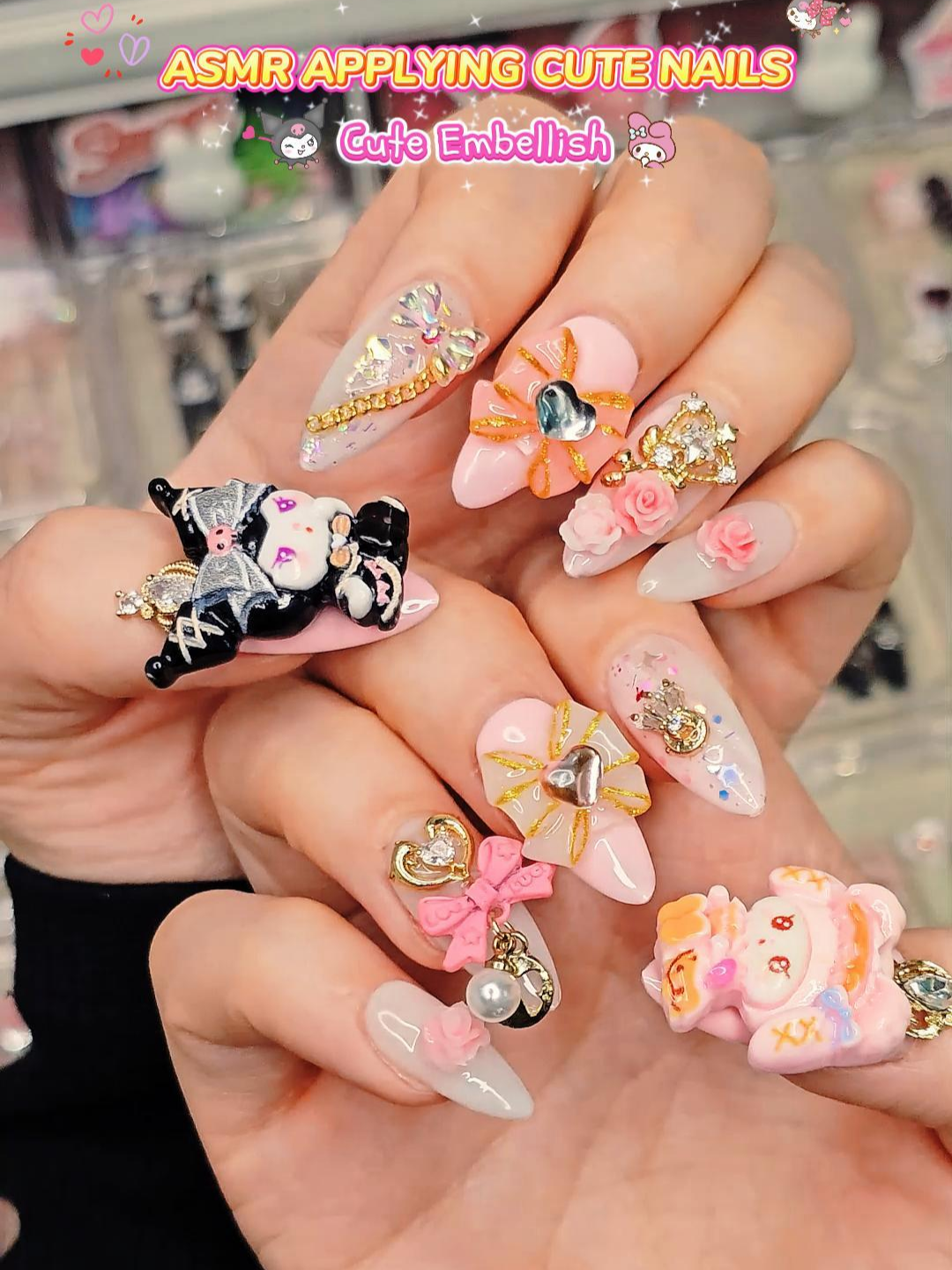 ASMR applying my cute nails .#nailsartvideos #asmr #asmrsounds #asmrtiktoks #tutorial #packaging #nail #nailsart #handmade #fyp #longnails #nailsartvideo #cute #shellshock #sanrio #pressonnailbusiness #pressonnailstutorialg #pressonnailstutorial #pressonsets #pressonnail #reels #SmallBusiness #cinnamoroll