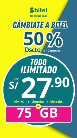 🎉 ¡Llévate TODO ILIMITADO con Bitel! 🎉 📦 Plan Ilimitado 55.90 ✅ 75 GB en alta velocidad 💰 Solo S/27.90 al mes por 12 meses 📞 Llamadas y SMS ilimitados 📺 TV360 y Paramount+ GRATIS por 6 meses 🚚 Delivery GRATIS a nivel nacional 📲 Escríbenos y haz tu portabilidad hoy mismo. ✅ Somos Distribuidores Autorizados de Bitel. #PortabilidadBitel#PlanesIlimitados #cambiaabitel #MigraaBitel #todoilimitado #Bitelpromociones2025 #cambiateabitel #Portabilidad #migrarabitel #PlanesBitel