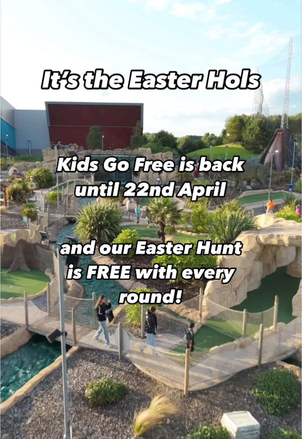 Bring your little adventurers for a FREE round of mini-golf before 10am, Monday to Friday, one child goes free with each full paying adult! 🎉 Offer ends 22nd April – don’t miss out! 🦖 To claim, state ‘Kids Go Free’ when you arrive. 📍 No booking needed – just turn up & play! #kidsgofree #dinofalls #easter #april #offer #dinofalls #adventuregolf #minigolf #traffordcity #manchester #kids #family #schoolholidays #FamilyFun