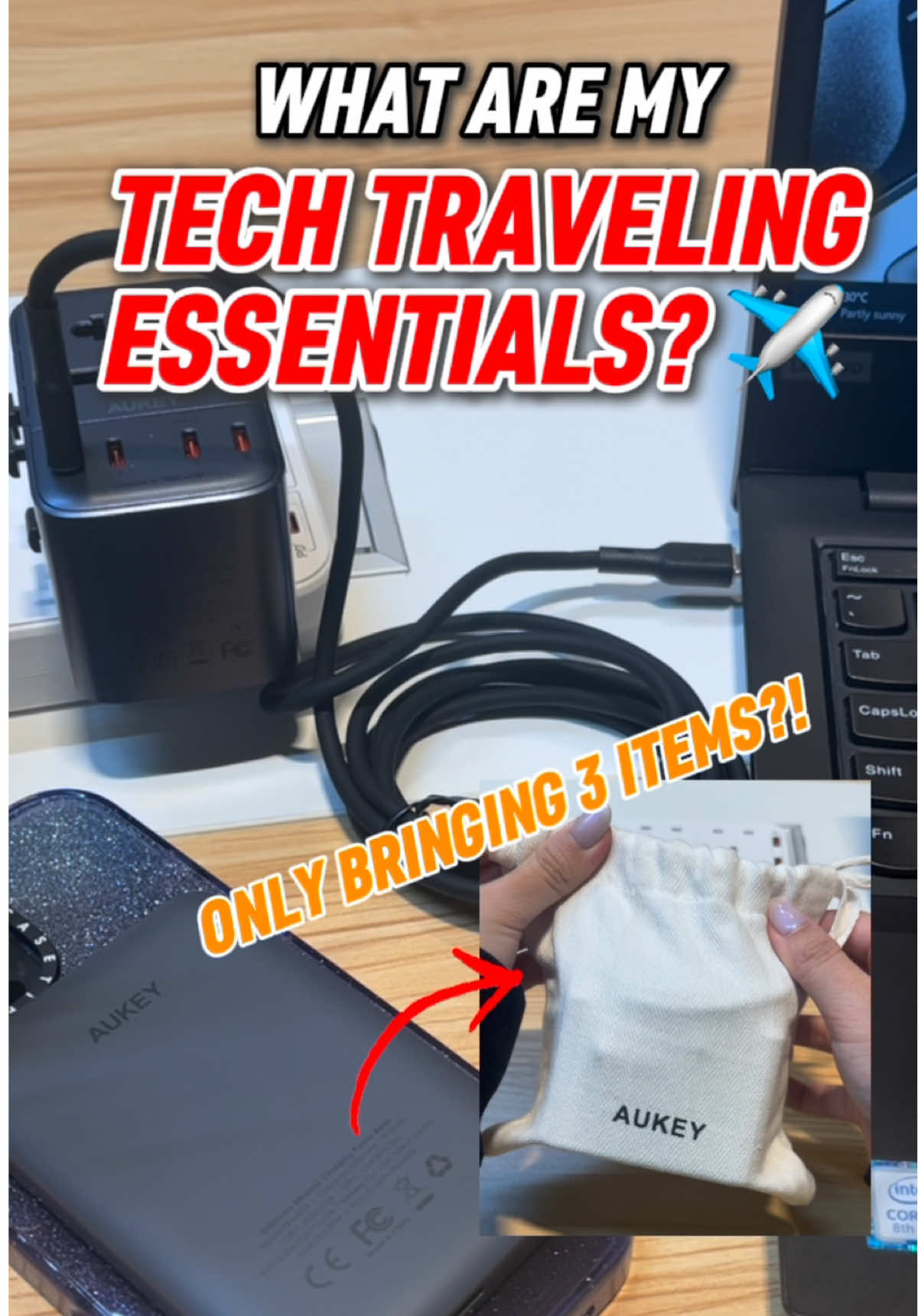 This is everything I brought while travelling! I am able to charge all my devices with only 3 items!!  Of course if you need to charge more, you can bring along more wires too 🤩  What are your travelling essentials? Let us know in the comments section below 😍  #aukey #techtok #travel #travelessentials #travellight #Tech #essential #phone #laptop #sg #tiktoksg #tiktokmademebuyit 