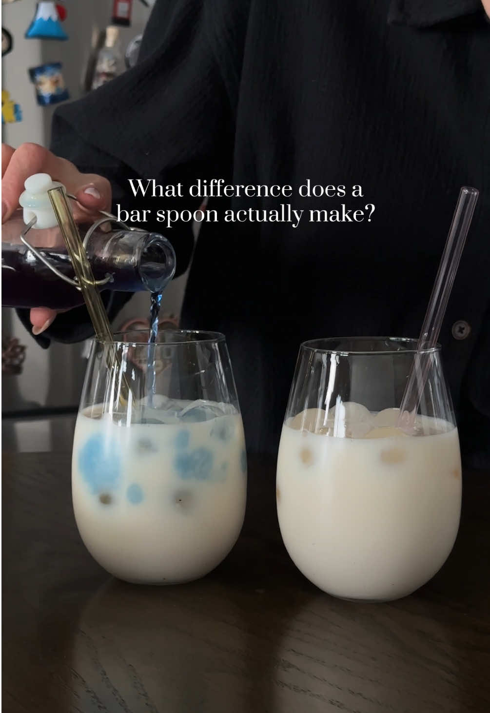 Ever watched someone pour over a bar spoon and thought — what’s the point? 🤔 Well, here’s a side-by-side. Same drink. Same ingredients. One small technique = a whole new vibe ✨ That little spoon slows the pour and lets those gorgeous layers shine! A tiny trick that makes your drink look way fancier 🤩 But let’s be honest… I stirred them both in the end anyway 😂🤷‍♀️ So… Are you team “just pour it” or “spoon it with style”? Which drink would you choose? :) #littledrinks #matcha #matchalover #aestheticdrinks #bartendertips #mixologytricks #homebartender 