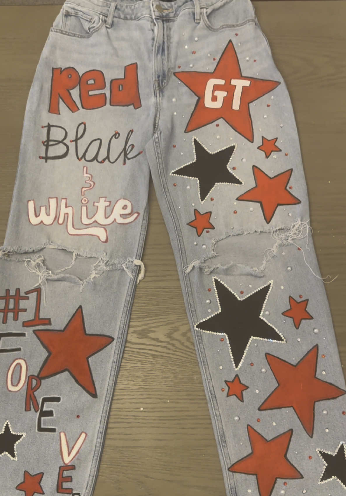 This is your sign to go to Goodwill and get some jeans to paint while drinking mimosas with your besties!! ❤️ Ready to rock these at Regional Summit this weekend!! 😍 @Brittany Carrico @Stylistonabudget #cheermoms #cheermom #crafting #crafts #craft #besties 
