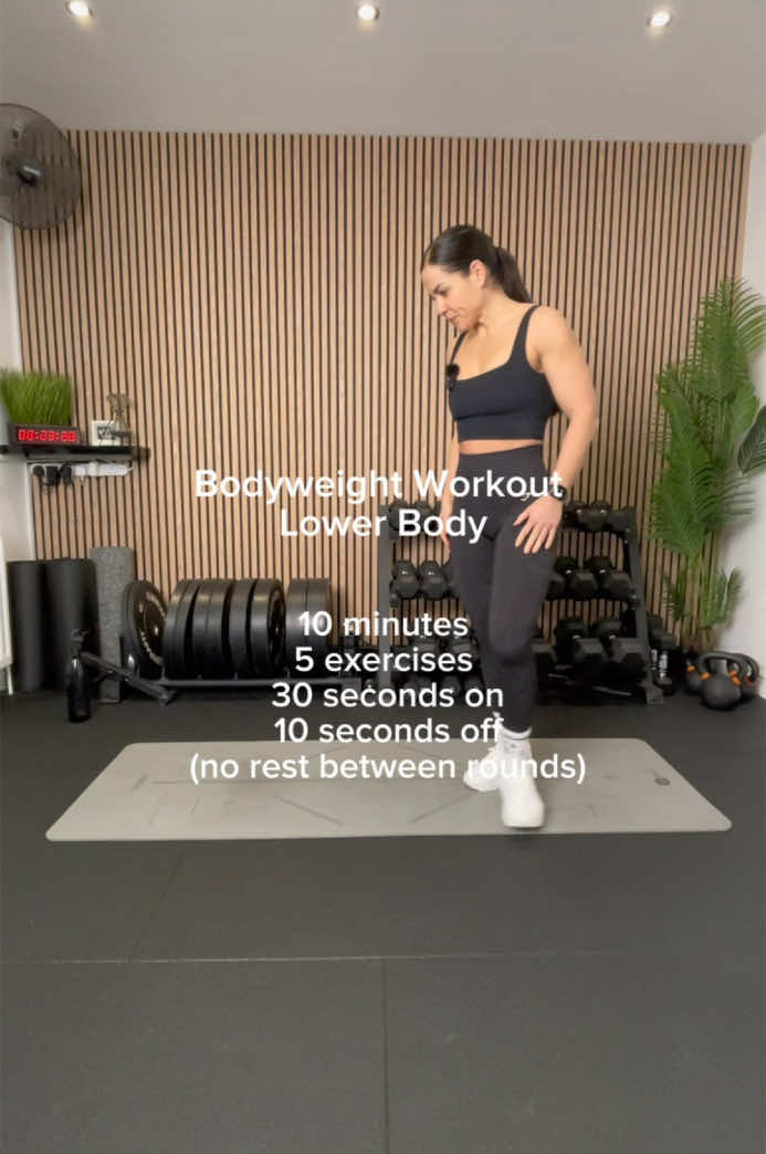 Bodyweight Lower Workout 🦵 #lowerbodyworkout #noequipmentworkout #bodyweightworkout  10 minutes  5 exercises  30 seconds on 10 seconds off (no rest between rounds) 1 Paused squat 2 Narrow-wide squats 3 Reverse-forward lunge (right) 4 Reverse-forward lunge (left) 5 Glute bridge