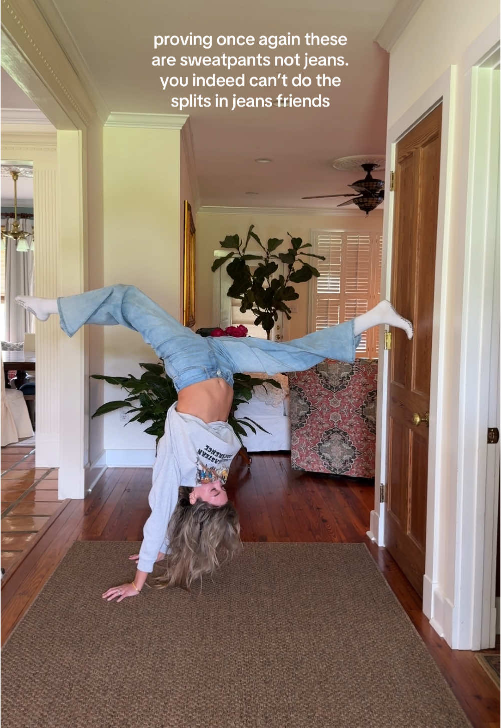 tiktok taught me i can do the splits and no need to own denim #sweatpants #jeans #flexiblechallenge 