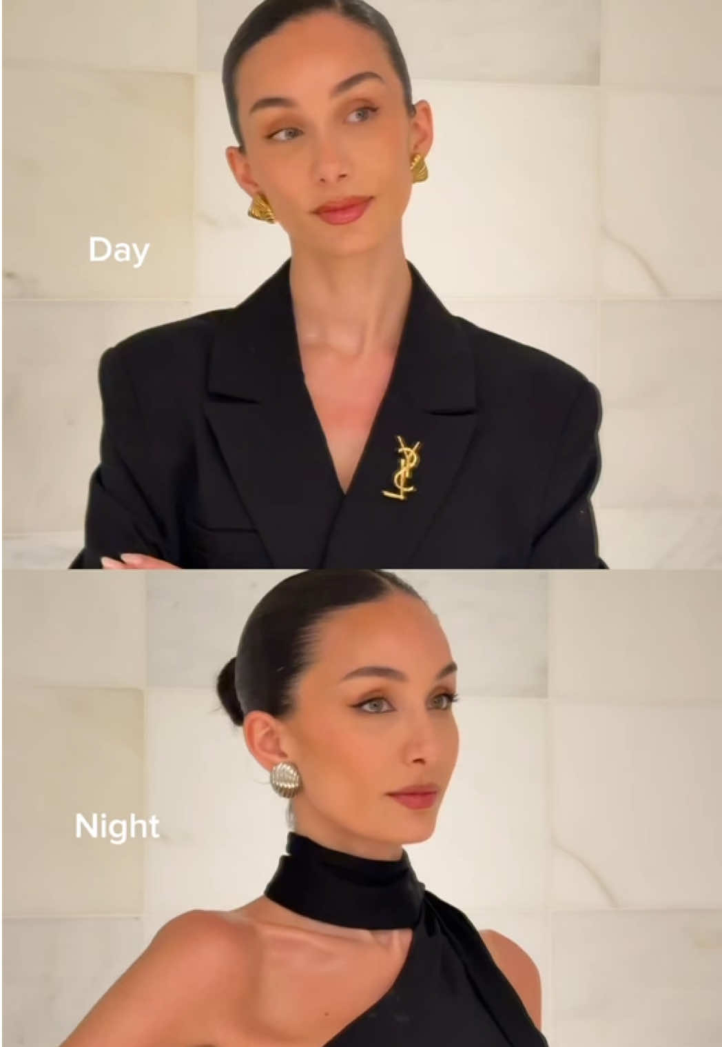 Day vs Night Makeup 🖤 2 looks in 1 day - which one is your favourite?✨ @YSL Beauty  #makeup #makeuptutorial #makeuptransformation #yslbeauty #goingoutmakeup #fragrance #glammakeup 