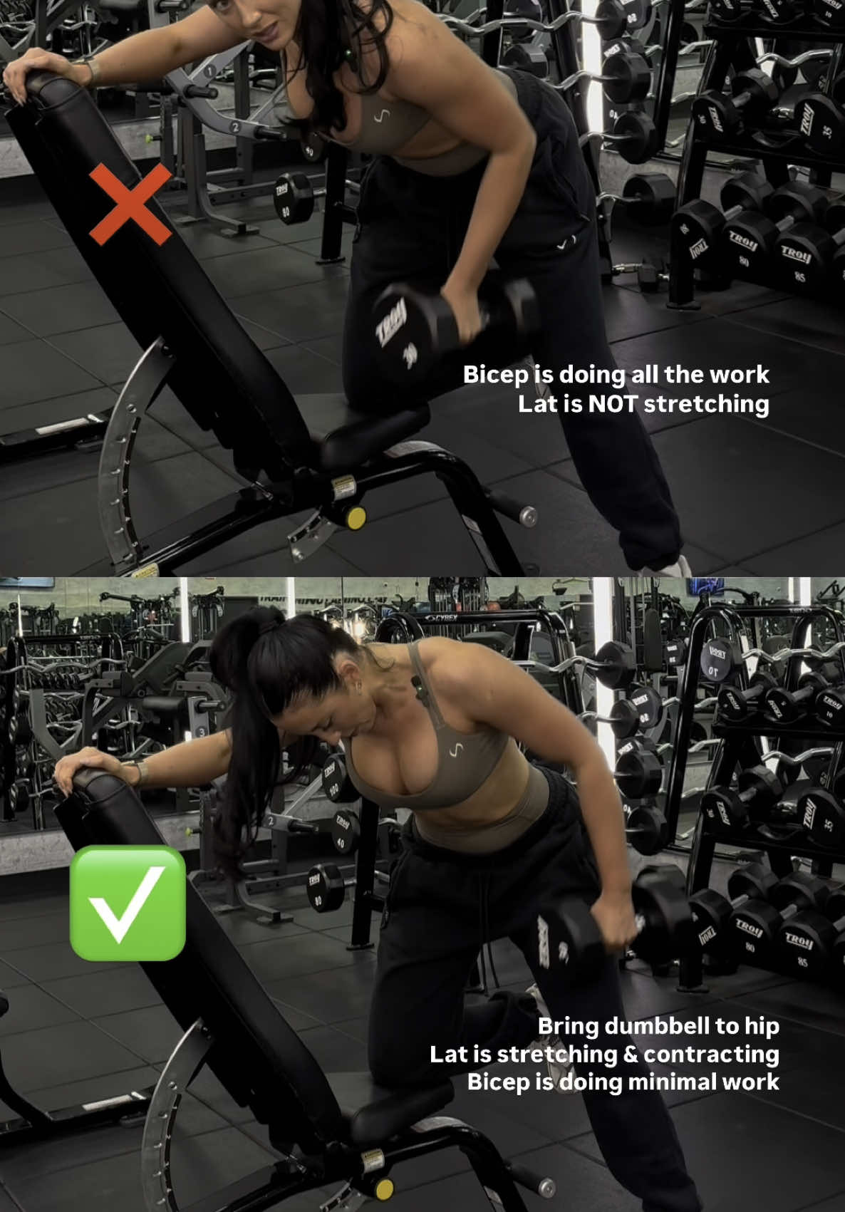 Let’s clean up your dumbbell row form 👇 If your goal is a stronger, more defined back and that hourglass shape — form matters way more than just moving heavy weight. Here are the most common mistakes I see: ❌ Pulling with your bicep instead of your back ❌ Letting your shoulder roll forward ❌ Rushing the movement with zero control ❌ Twisting your torso to create momentum What to focus on instead: ✅ Shoulders square, spine neutral ✅ Pull with your elbow to your hip, not your hand ✅ Squeeze your lat at the top ✅ Control the eccentric (lowering phase) When you engage your lats properly, you’re not just building strength — you’re adding width to your upper body, which creates the illusion of a smaller waist = the hourglass effect. So if you’re training for shape, not just sweat... the details matter. Save this for your next back day & send to a lifting friend who needs this tip 🔁 #back #backday #backworkout #backexercises 