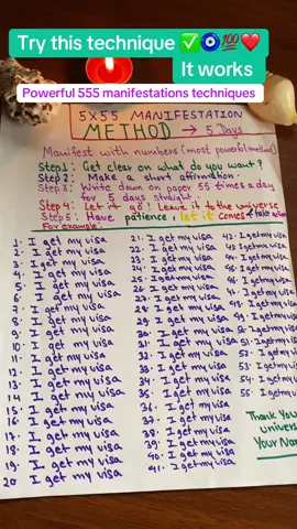 The 5-5-5 Manifestation Technique is a super effective method to shift your mindset and manifest a desire fast—especially if you stay consistent and focused. 1) Pick a clear intention 2) Write this affirmation 55 times a day for 5 days straight 3) Use present tense  4) Focus while writing #fypシ゚viral #goviral #trending #manifestation #555manifestation 