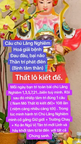 Câu chú Lăng Nghiêm Hoá giải bệnh Đau đầu, bại não Thần trí phát điên (Bịnh tâm thần) 🍀🍀🍀🍀🍀🍀🍀🍀🍀 483. Thất lô kiết đế. Kệ: Đầu thống não liệt dục ma CUỒNG Thần trí ĐIÊN đảo bất phạ vong Pháp quang CHIẾU xạ thanh sắc định Ninh tĩnh bình ổn nhập thuỳ hương. Nghĩa là: Đầu đau NÃO bại muốn phát ĐIÊN Thần TRÍ điên đảo chẳng sợ CHẾT Pháp quang chiếu soi thanh sắc định Yên tĩnh BÌNH AN vào giấc nồng. Giảng giải: “ĐẦU đau não bại muốn phát điên”: Đầu ĐAU giống như BÚA bổ, đau muốn phát điên lên. “Thần trí điên đảo chẳng sợ chết”: Chẳng có lý TRÍ, chết cũng chẳng sợ, thật là đại anh hùng, QUỶ nầy chẳng sợ chết. Con người đều sợ chết, nhưng chúng không sợ chết. “Pháp quang chiếu soi thanh sắc định”: Khi bạn TỤNG câu Chú nầy, thì pháp LỰC có một thứ QUANG minh giống như máy lôi đạt (RADAR), CHIẾU soi khiến cho thần trí con người bừng TỈNH, nhan sắc hồng hào, không CÒN giống như người chết. “Yên tĩnh bình an vào giấc nồng”: Đợi một chút, NGỦ một giấc thì sẽ tốt, thật là DIỆU. Chú Lăng Nghiêm kệ và giảng giải HT Tuyên Hoá 🍀 ĐỐI CHIẾU PHẠN BẢN  VÀ NGÔN NGỮ KHÁC  Thất lô kiết đế. शिरोवर्ति Sirorttir (Śirovarti) Si rô va rti ཤིརོཝརྟི Shr lu ji di 室嚧吉帝 𑀰𑀺𑀭𑁄𑀯𑀭𑁆𑀢𑀺 ◼️ Khi bạn TỤNG câu Chú nầy, thì pháp LỰC có một thứ QUANG minh giống như máy lôi đạt (RADAR), CHIẾU soi khiến cho thần trí con người bừng TỈNH, nhan sắc hồng hào, không CÒN giống như người chết. 💟 Nguồn bài viết Sanh Tử đại sự 