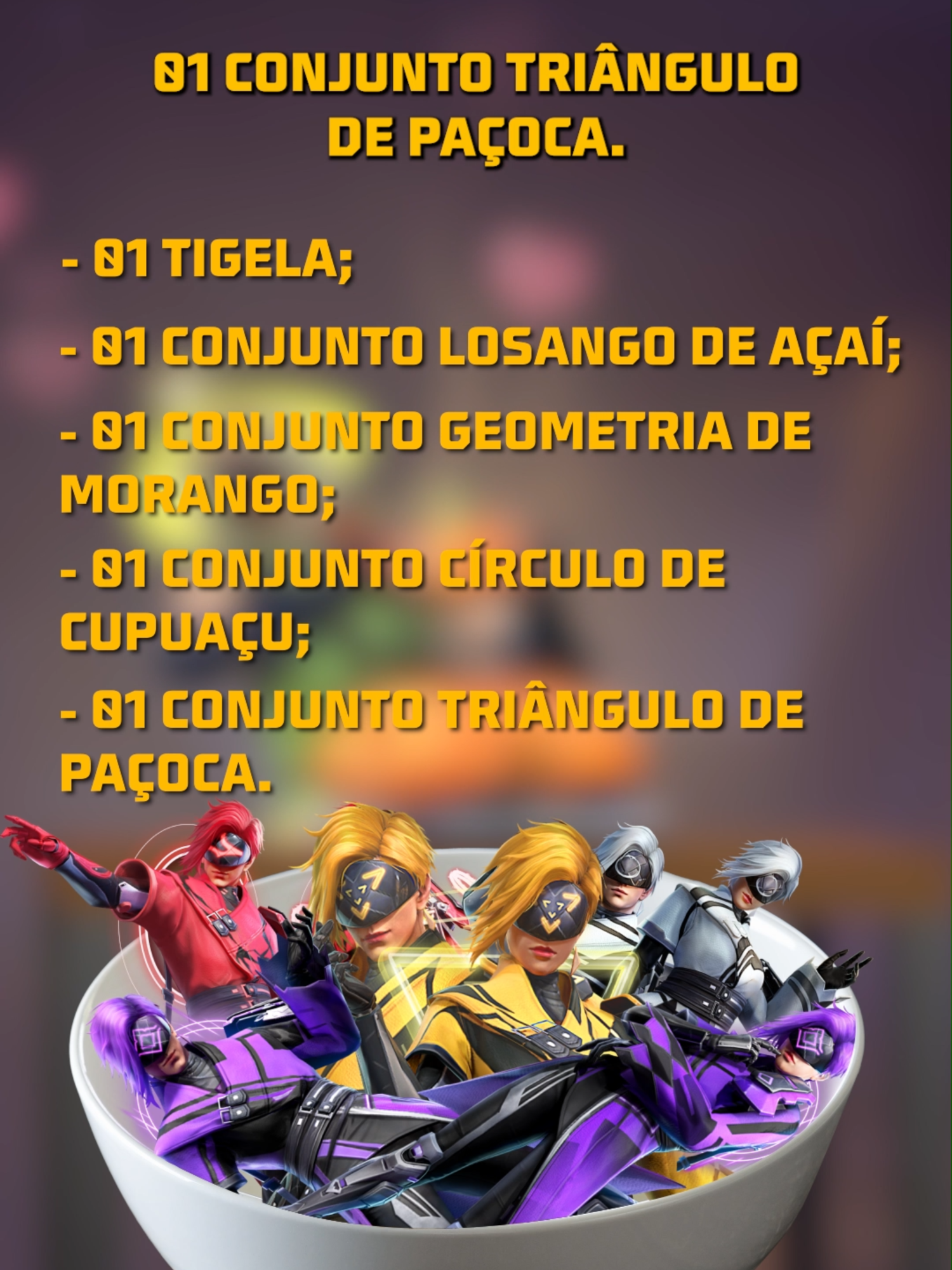 Bora montar AQUELE AÇAÍ DE RESPEITO, tropa! 😋 Garanta seus conjuntos na plataforma de recargas oficial da Garena (link na bio!) e aproveite as promoções imperdíveis! 😎 #FreeFire #FreeFireBrasil #GeometricoFF #RecargaJogo