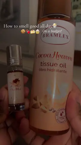 Smelling good combo on a budget!🍨🍫🍪🧁  Let me know if you would try this combo! I got my bramley tissue oil @clicksza  #creatorsearchinsights #howtosmellgoodallday #perfumetok #scentcombos #hygiene #femininehygiene #alrehabperfume #chocomuskperfume #chocomuskalrehab #vanillaperfume 