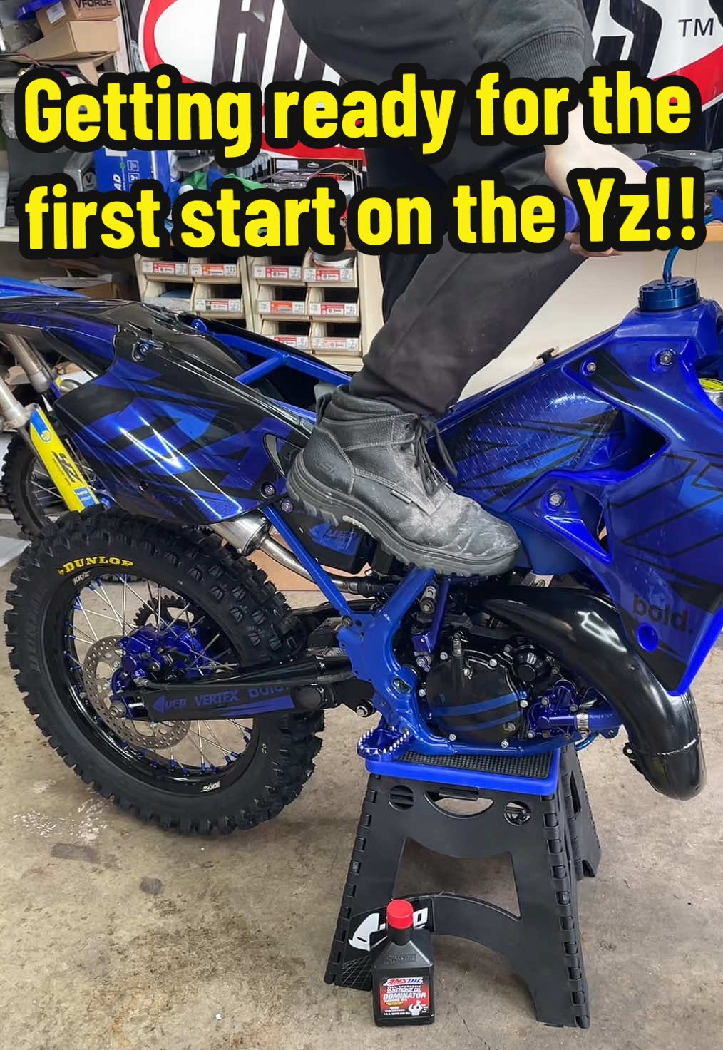 Let’s get ready for the ACTUAL first start up this time! 😏🙏 I’m so hyped right now but after editing I realized I have no kill switch or hour meter.. oops 😅  #darzrt #yz125 #yz125💙 #yz125x #yamaha #2stroke #mototok #foryou #fyp 